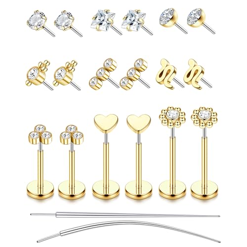 YADOCA Threadless Flat Back Earrings Hypoallergenic Nose Studs Rings for Women 14K Gold Plated 316L Surgical Steel Lip Labret Conch Medusa Cartilage Tragus Nose Piercing Jewelry 20G 18G 16G - color: Gold, size: 18G(1.0MM)