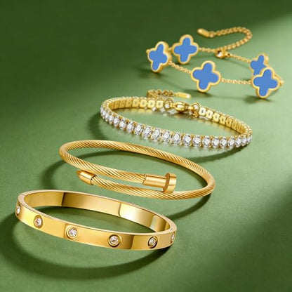 Gold Bracelets for Women, 18K Gold Plated Women Tennis Bracelets Clover Nail Love Bangle Bracelet Set, Gold Bracelet Stackable Set Trendy Jewelry, Gifts for Women's Day and Mother's Day - color: 13-Color- 4 Blue
