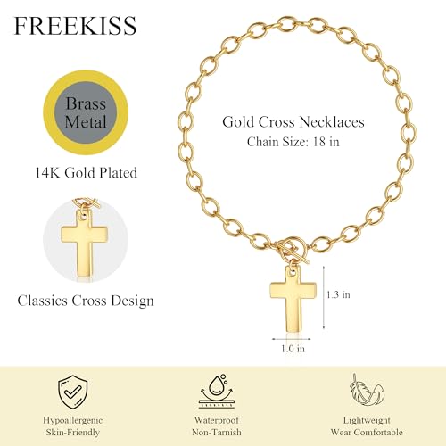 Freekiss 3-Piece Layered Toggle Necklace for Women | Gold/Silver necklace set with herringbone, rope, and paperclip chains plus a toggle clasp for layering, parties, and gifts - color: Gold Cross Necklace Style2