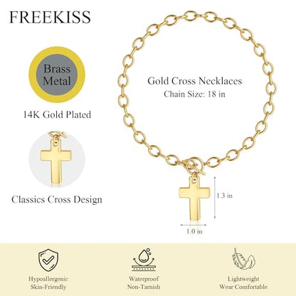 Freekiss 3-Piece Layered Toggle Necklace for Women | Gold/Silver necklace set with herringbone, rope, and paperclip chains plus a toggle clasp for layering, parties, and gifts - color: Gold Cross Necklace Style2