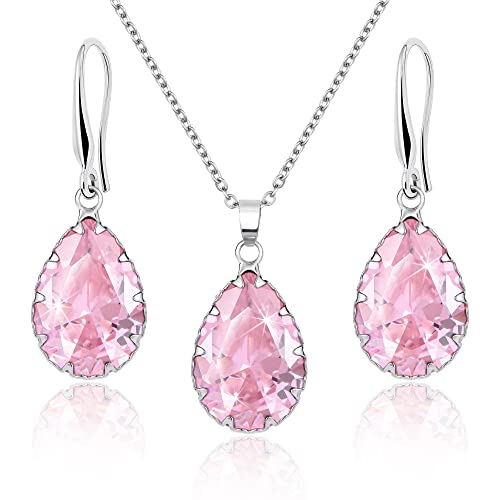 Linawe Crystal Jewelry Sets for Women, Imitation Diamond Pendant Necklace, Rhinestone Drop Dangle Earrings, Birthstone Cubic Zirconia Matching Wedding Jewelry, 14K Gold/Rose Gold/Silver Tones - color: Silver,Pink,Oct