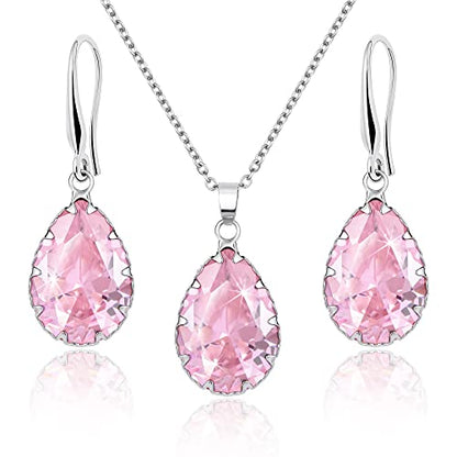 Linawe Crystal Jewelry Sets for Women, Imitation Diamond Pendant Necklace, Rhinestone Drop Dangle Earrings, Birthstone Cubic Zirconia Matching Wedding Jewelry, 14K Gold/Rose Gold/Silver Tones - color: Silver,Pink,Oct
