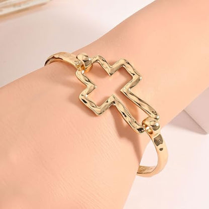 Chunky Heart Bracelet for Women Gold Silver Heart Cuff Bracelet Open Statement Love Bangle Minimalist Jewelry - color: Gold Cross