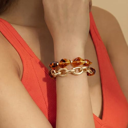 Boho Beaded Stretch Bracelets For Women Stackable Crystal Gold Plated Beaded Bracelets Set Trendy Handmade Friendship Braeclet Jewelry Gifts - color: L-Brown Amber 2pcs