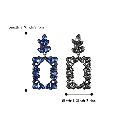 Clip-on Dangle Earring Earrings Art Deco Sparkly Rhinestone Marquise Teardrop Rectangle Geometric Statement for Women - color: Sapphire Color Black-Tone