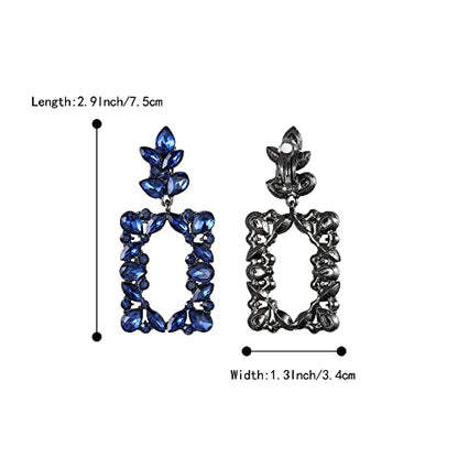 Clip-on Dangle Earring Earrings Art Deco Sparkly Rhinestone Marquise Teardrop Rectangle Geometric Statement for Women - color: Sapphire Color Black-Tone