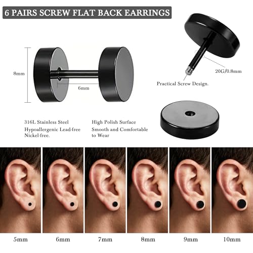 Hypoallergenic Black Stud Earrings for Men Women: 6 Pairs Flat Back Stainless Steel Cartilage Piercing Ear Tunnel 5mm-10mm - style: 6Pairs-Black-Studs