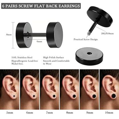 Hypoallergenic Black Stud Earrings for Men Women: 6 Pairs Flat Back Stainless Steel Cartilage Piercing Ear Tunnel 5mm-10mm - style: 6Pairs-Black-Studs
