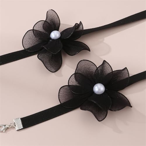 Nojess Black Bow Earrings Necklace Set Fabric Rose Flower Choker Necklace Bracelet Set for Party Bride Wedding Prom Jewelry - color: Black Flower Necklace Bracelet Set