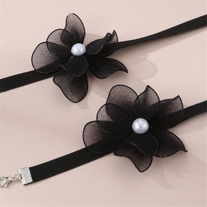 Nojess Black Bow Earrings Necklace Set Fabric Rose Flower Choker Necklace Bracelet Set for Party Bride Wedding Prom Jewelry - color: Black Flower Necklace Bracelet Set