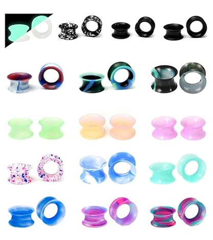 WBRWP 48/32/24/22/20/16/12pcs Ear Tunnels and Plugs - Double Flared Hollow Hard/Soft Silicone Ear Gauges - Ear Expander Stretcher Body Piercing Jewelry 8g-1" - color: 32PCS soft(thin) silicone set