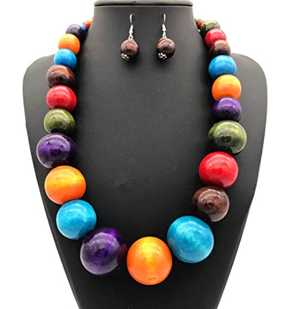 Colorful African Wooden Beaded Choker Neckalce Drop Dangle Earrings Set Chunky Strands Beads Large Bib Collar for Women 60's 70s Wedding Bohemain Jewelry - color: Red