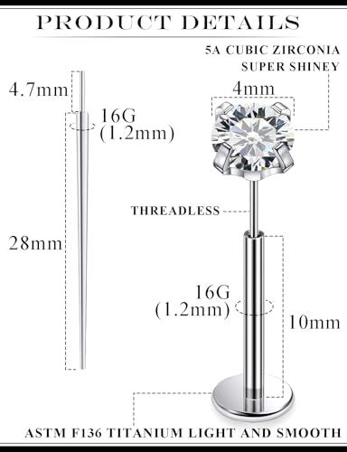 20G 18G 16G F136 Titanium Threadless Flat Back Earrings Nose Studs Tragus Forward Helix Conch Cartilage Lobe Earrings Medusa Labret Snake Bite Monroe Lip Ring Piercing Jewelry For Women Men - size: 16G-10MM Bar-CZ 4MM