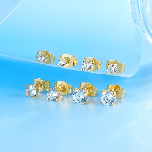 18K White/Yellow Gold Plated Stud Earrings for Men Women 4 Prong Graduated Round Clear Cubic Zirconia Hypoallergenic Earrings Set 3-8MM - color: Yellow Gold Plated, size: Pack-3/4/5/6MM