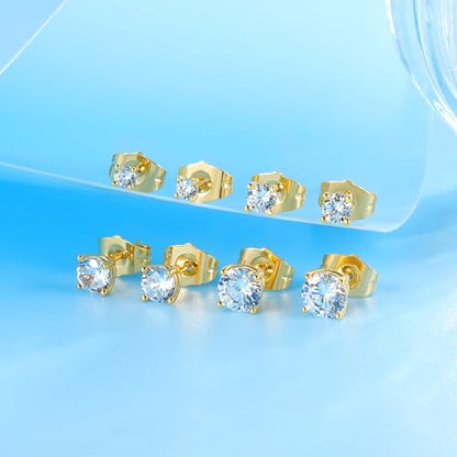 18K White/Yellow Gold Plated Stud Earrings for Men Women 4 Prong Graduated Round Clear Cubic Zirconia Hypoallergenic Earrings Set 3-8MM - color: Yellow Gold Plated, size: Pack-3/4/5/6MM