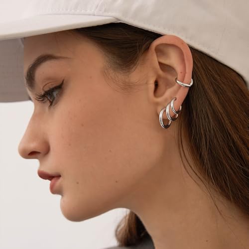 Silver Gold Hoop Earrings for Women Men, 316L Surgical Stainless Steel Huggie Hoop Earrings Set Hypoallergenic Small Cartilage Earrings Lightweight Hoop Earrings Huggie Set - color: 4 Pair Small Silver-8/10/12/14mm