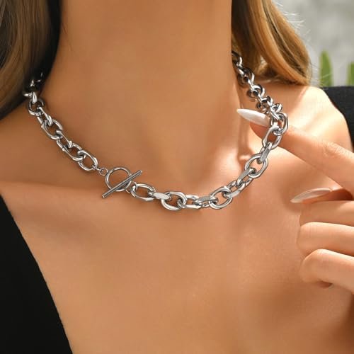Chunky Gold Necklace for Women, 18K Gold Plated Paperclip, Figaro Link Chain Necklace, Toggle Clasp Necklaces, Trendy Non Tarnish Jewelry, Christmas Gifts - style: 10mm Cable Toggle 16.5''-White Gold