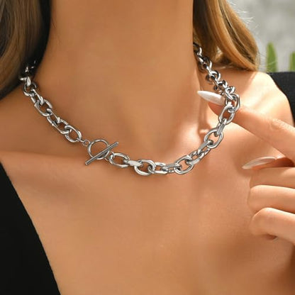 Chunky Gold Necklace for Women, 18K Gold Plated Paperclip, Figaro Link Chain Necklace, Toggle Clasp Necklaces, Trendy Non Tarnish Jewelry, Christmas Gifts - style: 10mm Cable Toggle 16.5''-White Gold