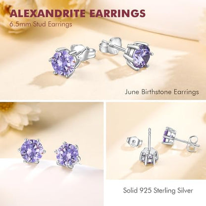 DAYBYDAY 925 Sterling Silver Birthstone Earrings for Women, Crystal Stud Earrings, 6.5mm Round Cut Solitaire Gemstone Earrings Birthday Jewelry - style: Round Cut-06. Jun/created alexandrite