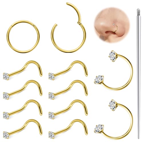 Hoeudjo 18G Horseshoe Nose Ring Surgical Steel Hinged Nose Hoops for Women Nose Studs 1.5MM/2MM/2.5MM/3MM Cubic Zirconia Bone & Screw & L-shaped Nostril Ring Body Piercing Jewelry for Women Men - color: goldtone,screw nose studs, size: 2mm CZ