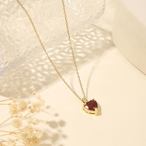 Heart Birthstone Necklace for Women, 14K Gold Plated Birthstone Pendant Necklace Cubic Zirconia Diamond Necklace Dainty Gold Necklace Birthday Gifts for Women Girls - color: 01. January(Garnet)
