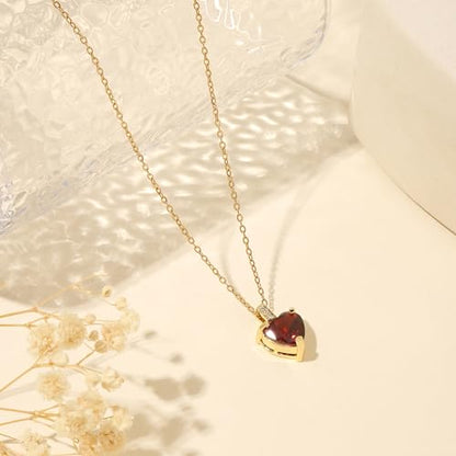 Heart Birthstone Necklace for Women, 14K Gold Plated Birthstone Pendant Necklace Cubic Zirconia Diamond Necklace Dainty Gold Necklace Birthday Gifts for Women Girls - color: 01. January(Garnet)