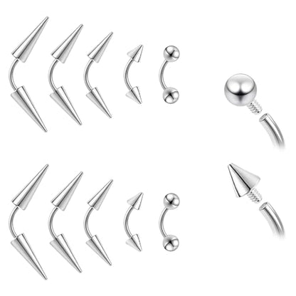 ZS 10Pcs 16G/18G Spike Eyebrow Piercing Jewelry, Internal Thread Curved Barbell Vertical Labret Lip Rings, Spike Tragus Helix Earrings Rook Nose Bridge Rings - color: B:curved barbell, size: 18g,L:6mm