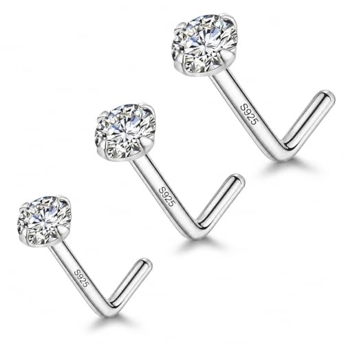 LUCKYJEWUS 3Pcs 925 Sterling Silver Nose Rings Studs Set, 18G/20G/22G L Shaped CZ Diamond Nose Studs for Women & Men, 2mm 2.5mm 3mm Hypoallergenic Nose Piercing Jewelry - size: 3pcs - 22G