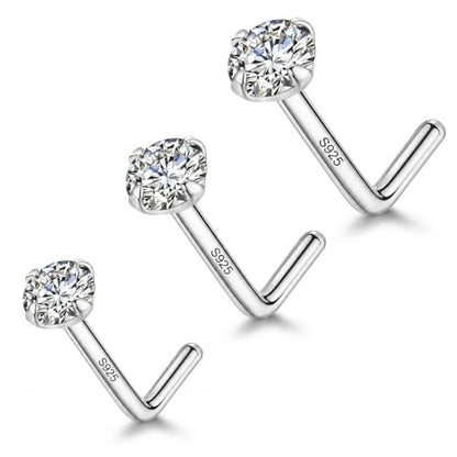 LUCKYJEWUS 3Pcs 925 Sterling Silver Nose Rings Studs Set, 18G/20G/22G L Shaped CZ Diamond Nose Studs for Women & Men, 2mm 2.5mm 3mm Hypoallergenic Nose Piercing Jewelry - size: 3pcs - 22G