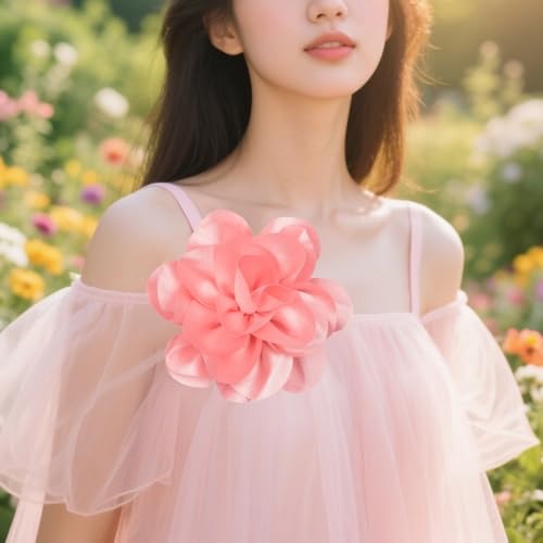 Large Rose Flower Brooches Chiffon Camellia Brooch Lapel Pins Hair Clips Hat Pins for Women Wedding Banquet Accessories Large Satin Flowers 5.5in - color: Pink 2