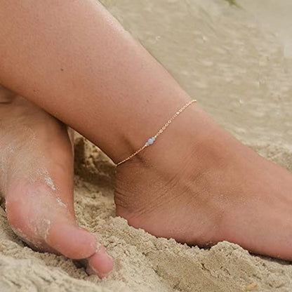Dainty Simple Chain Anklet for Women 18k Gold/Silver Plated Summer Beach Beaded Evil Eye Moon Figaro Butterfly Satellite Cuban Pearl Flat Marina Anklet Gift - color: Transparent Bead-Gold