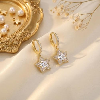 Sonateomber Christmas Tree Dangle Small Gold Hoop Earrings for Women, Cute Sparkly CZ Rhinestone Maple Clover Leaf Drop Earings Thanksgiving Holiday Accessories Fashion Jewelry Gift - color: Gold Star