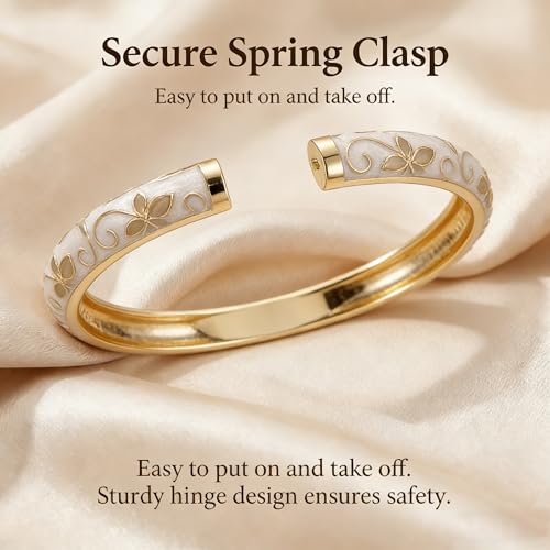 Cloisonne Bracelet Flower Enamel Floral Bangle Bangles White Vintage Bracelets for Women Chunky Gold Plated Stackable Trendy Jewelry