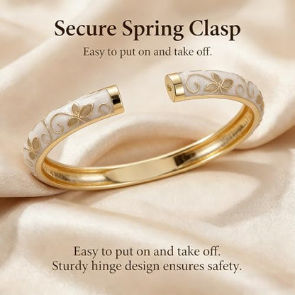Cloisonne Bracelet Flower Enamel Floral Bangle Bangles White Vintage Bracelets for Women Chunky Gold Plated Stackable Trendy Jewelry