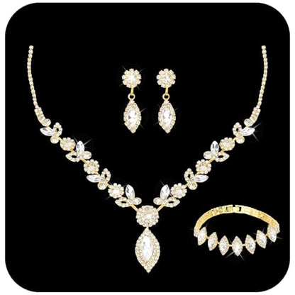 Bridal Jewelry Set for Wedding Prom Jewelry Set for Women Sparkly Rhinestone Necklace Earrings Bracelet Sets for Bride Bridesmaid Quinceanera Costume Accessories - style: E