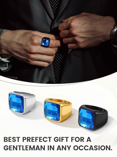 KeyStyle Square Gemstone Signet Rings for Men, Personalized Stainless Steel Pinky Ring with Black Onxy Blue Topaz Birthstone Statement Ring - color: Black - Blue Topaz - 15mm