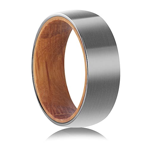 Tungsten Rings for Men Womens 8mm Black Silver Fashion Promise Wedding Band Carbide Inner Hole Inlaid Whiskey Barrel Wood Chamfer Frosted Matte Finish Edge Comfort Fit size 7-12 - color: Silver barrel wood