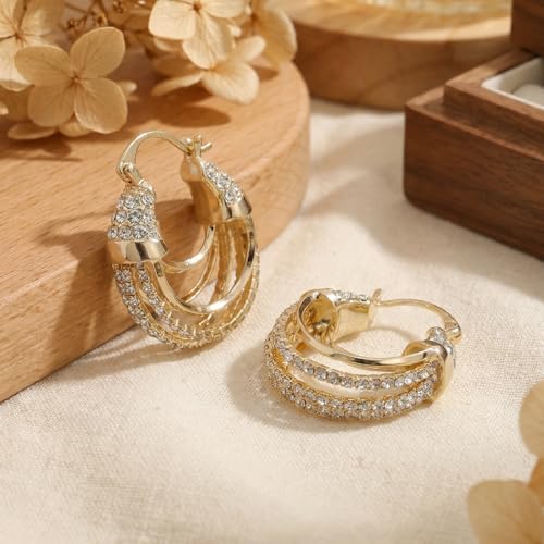 Sonateomber Gold Chunky Crystal Hoop Earrings for Women, Trendy Statement Sparkly CZ Rhinestone Thick Open Hoops Earings Hypoallergenic Wedding Prom Everyday Accessories Fashion Jewelry Gift - color: Gold Layered