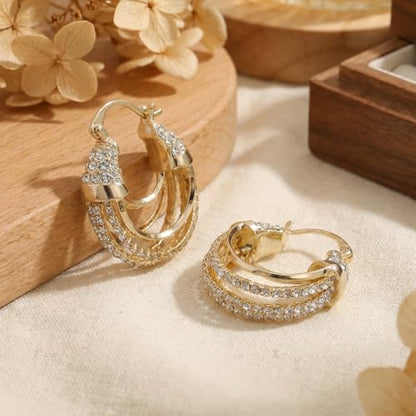 Sonateomber Gold Chunky Crystal Hoop Earrings for Women, Trendy Statement Sparkly CZ Rhinestone Thick Open Hoops Earings Hypoallergenic Wedding Prom Everyday Accessories Fashion Jewelry Gift - color: Gold Layered