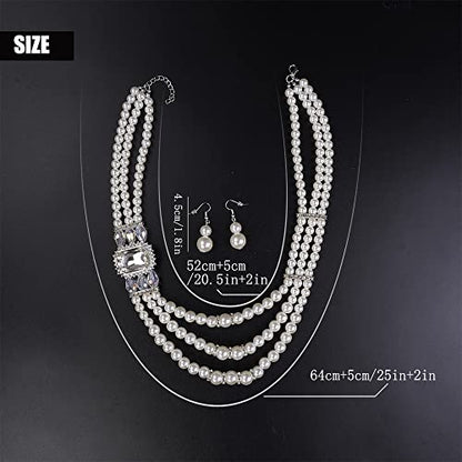 Aimimier 1920s 3-layered White Faux Pearl Necklace and Earrings Set with Crystal and Rhinestone Bridal Long Pearl Necklace Statement Women Jewelry - color: Crystal