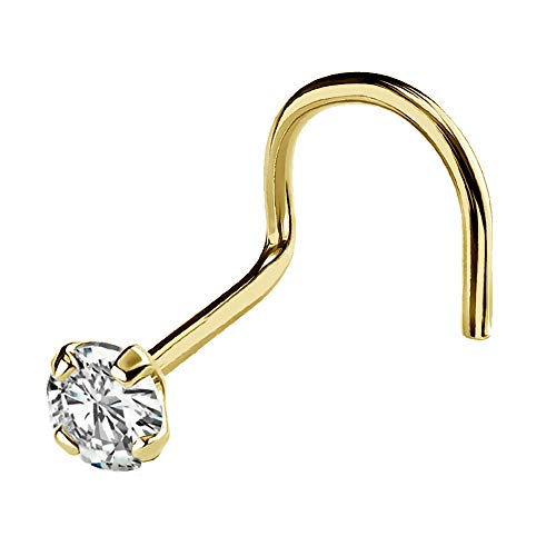 Jewelry Avalanche Solid 14Kt Gold Nose Screw, 24G Nose Hook, Nose Stud, 14kt Yellow Gold or 14kt White Gold Nose Ring Prong Set CZ Accent - style: 14kt yellow gold w/ 2.5mm cz