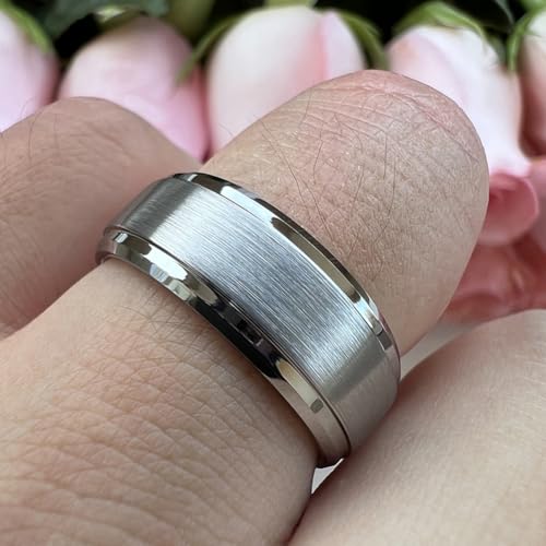 TUTISS 6mm 8mm Tungsten Rings for Men Women Fashion Engagement Wedding Bands Brushed Finish Stepped Beveled Edges Comfort Fit - color: 8mm Silver Tungsten