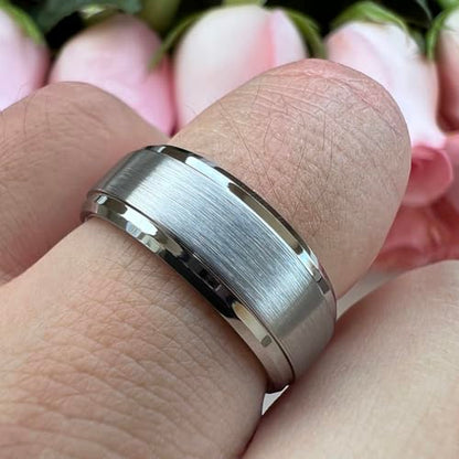 TUTISS 6mm 8mm Tungsten Rings for Men Women Fashion Engagement Wedding Bands Brushed Finish Stepped Beveled Edges Comfort Fit - color: 8mm Silver Tungsten