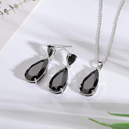 Wedding Jewelry Set for Bridesmaids - Sterling Silver Teardrop CZ Crystal Cubic Zirconia Rhinestone Diamond Bridal Necklace Earrings Set for Bride Mother of Bride Party Prom Birthstone Costume Jewelry - color: Dec-Black Zircon