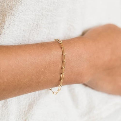 14K Gold Paperclip Bracelet for Women Men, 3-5mm Link Chain | Polished rectangular links with 14K gold, lightweight, hypoallergenic and non-tarnishing, 6.5-8in for solo or stacking