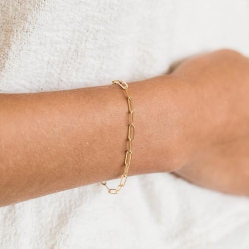 14K Gold Paperclip Bracelet for Women Men, 3-5mm Link Chain | Polished rectangular links with 14K gold, lightweight, hypoallergenic and non-tarnishing, 6.5-8in for solo or stacking