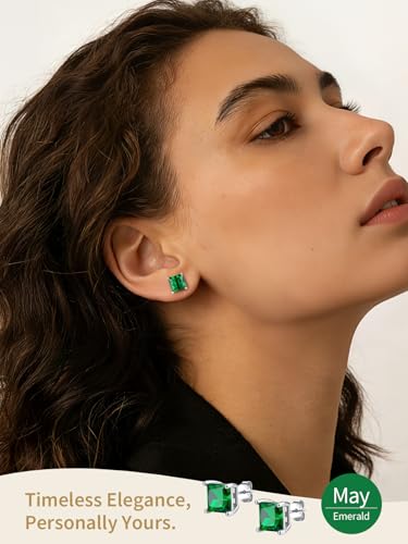 FindChic 2 Carat Birthstone Stud Earrings for Women, Round/Heart/Princess Cut Stud Earrings, Hypoallergenic Studs with 925 Sterling Silver Posts, 12 Months Birthday Jewelry Gift - color: 05. May-Emerald(Princess Cut)