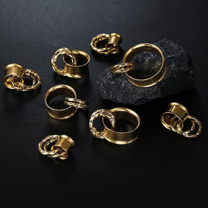 1 Pair Basic gauges+2 twisty rings Ear Tunnels Plugs 316 Stainless Steel Ear Gauges Weight Saddle Plugs Hypoallergenic expander Piercing Body Jewelry 00g 0g-1'' - color: Twisty-Gold, size: 16 mm