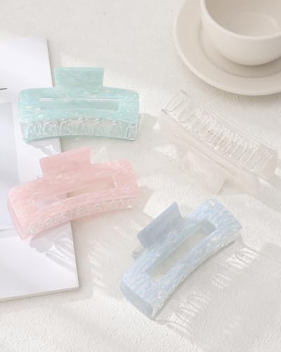 4PCS Large Claw Clips for Thick Hair, Large Acrylic Hair Clips | Modern Marble Geometric Design, Non-Slip Secure Hold for Long Hair, Buns, Updos and Everyday Styling - color: White + Pink + Blue + Cyan