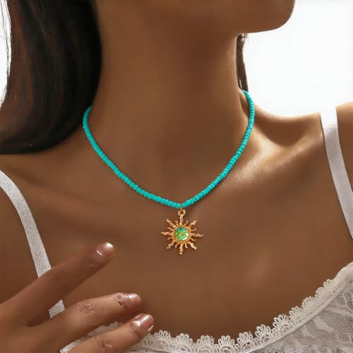 Tgirls Boho Beaded Choker Necklace Opal Bead Necklace Sun Pendant Summer Jewelry for Women - color: Turquoise